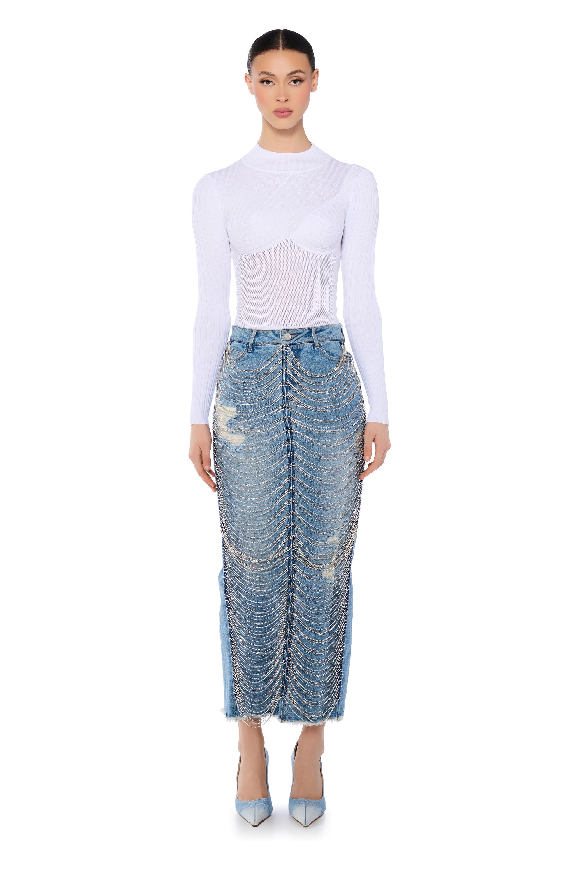 CHAIN DETAIL DENIM MAXI SKIRT