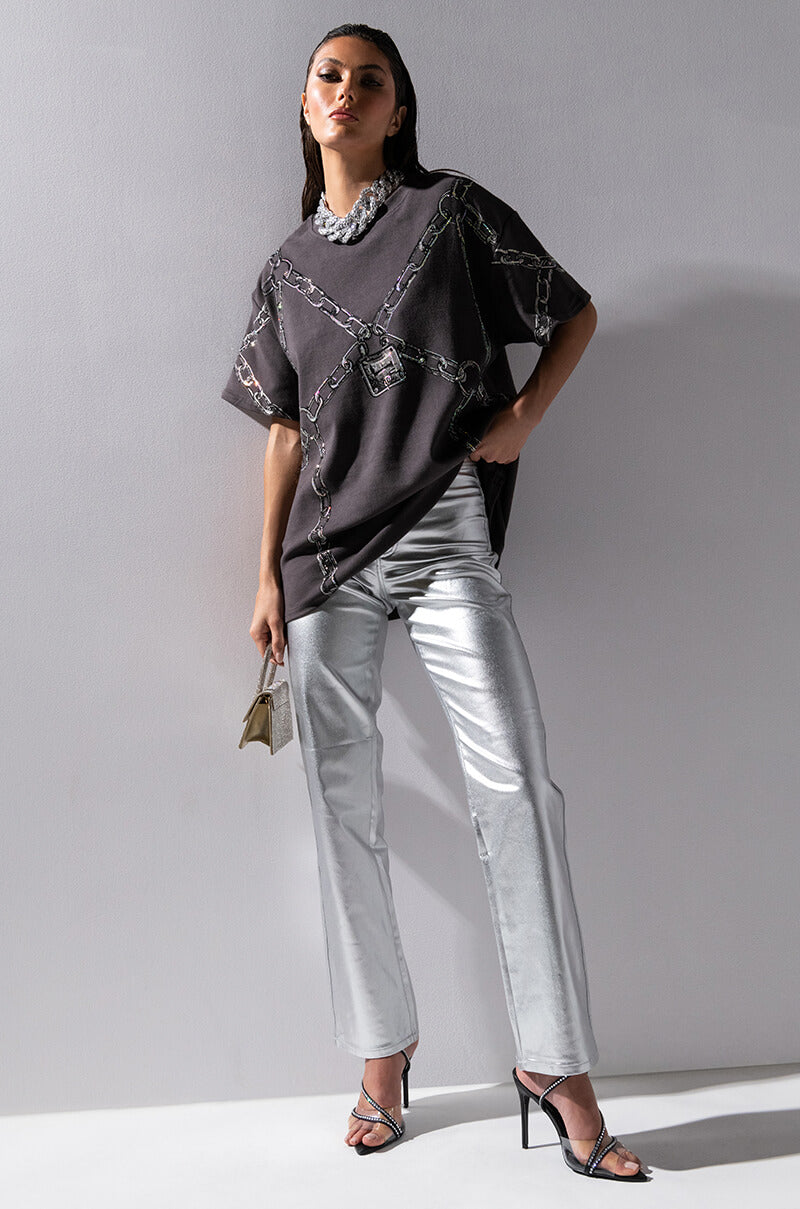 CHAIN DETAIL OVERSIZED TSHIRT IN GREY