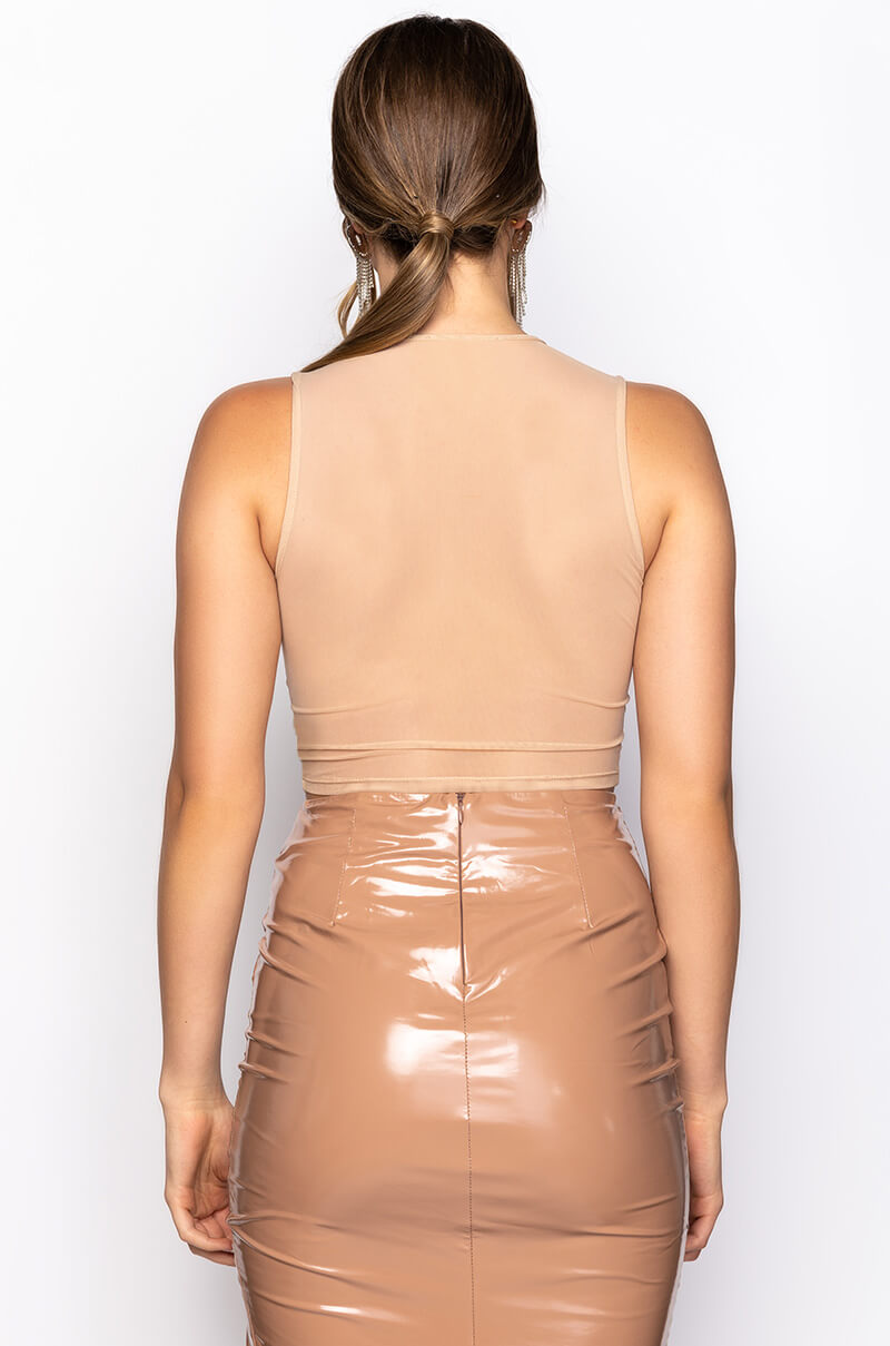 CHARLOTTE SLEEVELESS CREW NECK RHINESTONE MESH CROP TOP