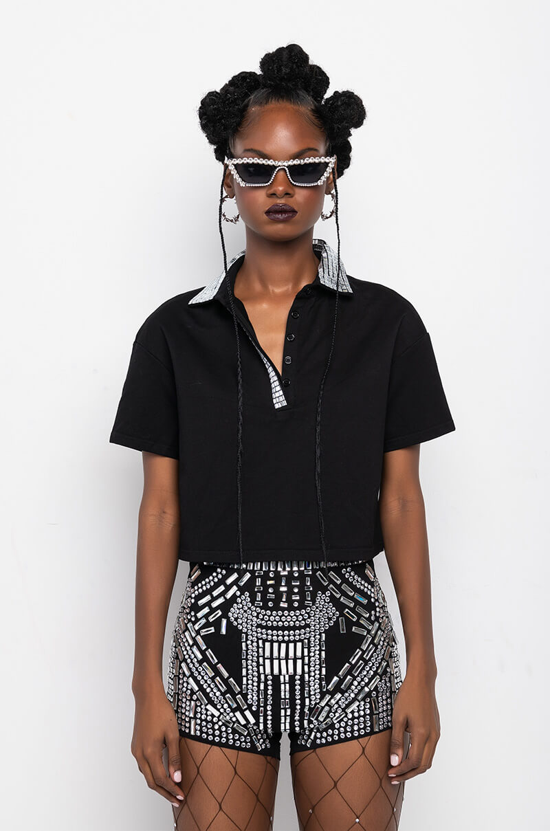 CHECK MATE RHINESTONE COLLAR POLO TSHIRT