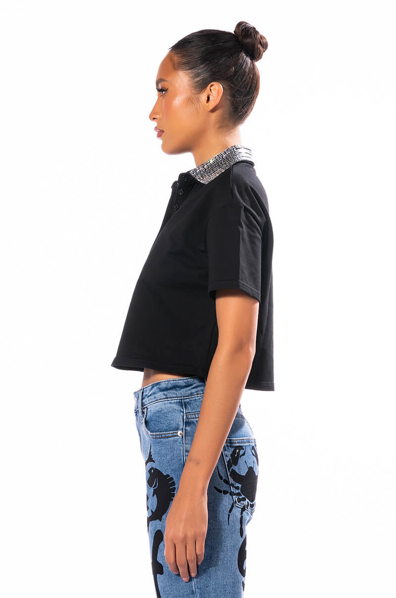 CHECK MATE RHINESTONE COLLAR POLO TSHIRT
