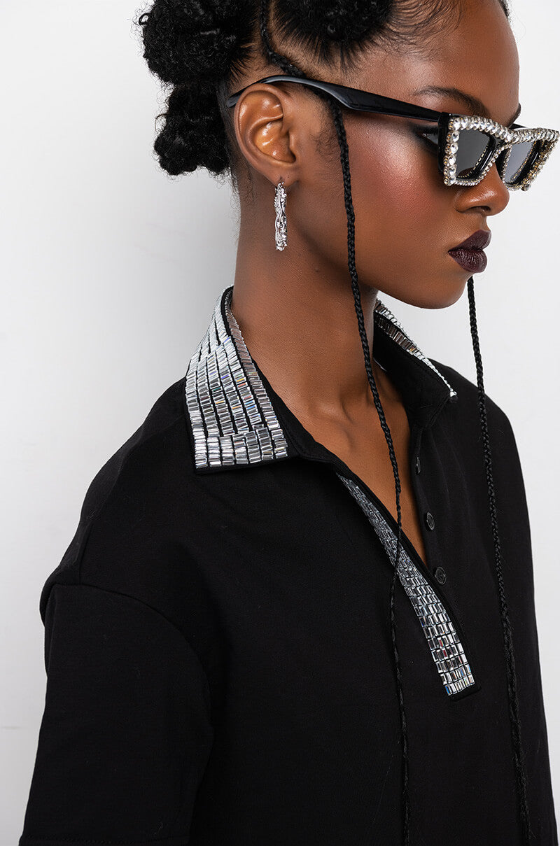 CHECK MATE RHINESTONE COLLAR POLO TSHIRT