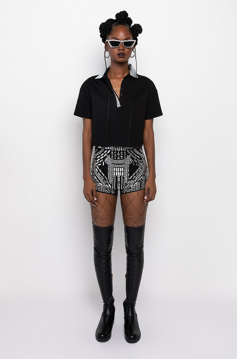 CHECK MATE RHINESTONE COLLAR POLO TSHIRT