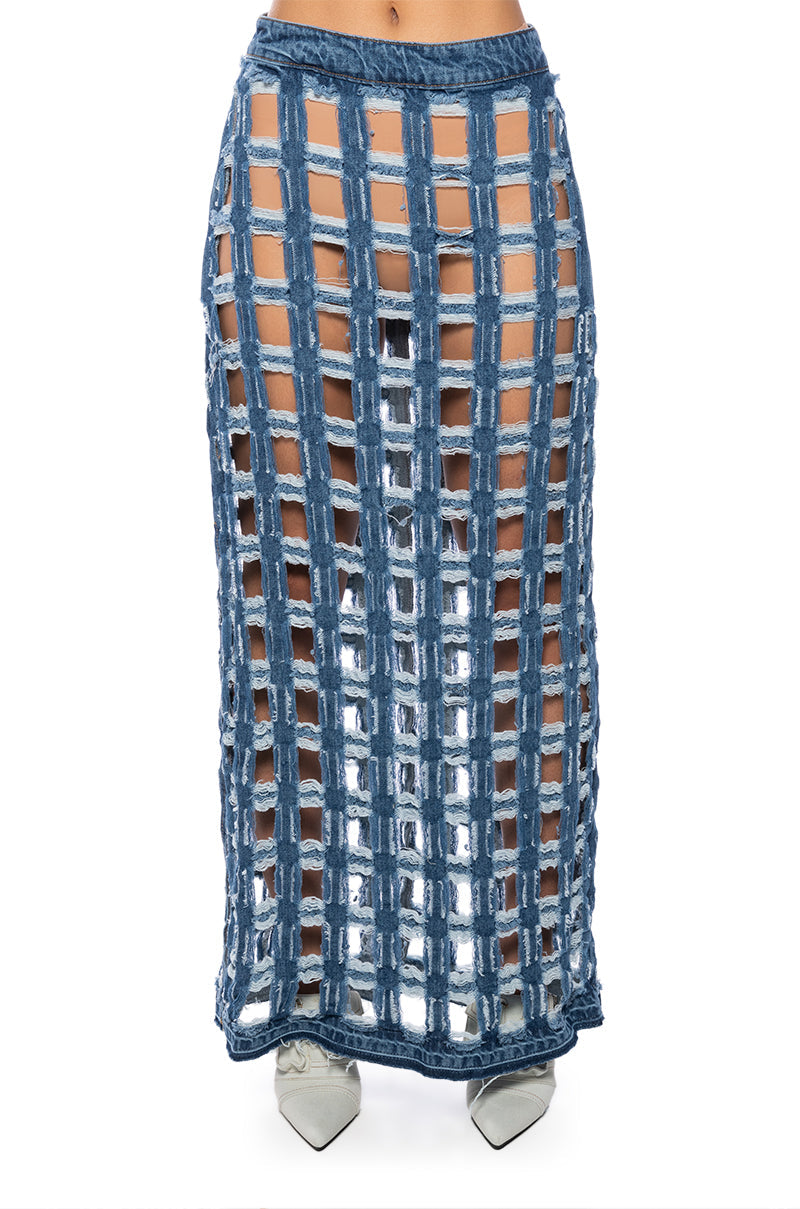 CHECK ON ME CUT OUT DENIM MIDI SKIRT