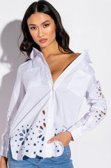 CHECK PLEASE EYELET POPLIN BLOUSE