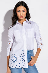 CHECK PLEASE EYELET POPLIN BLOUSE