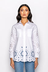 CHECK PLEASE EYELET POPLIN BLOUSE