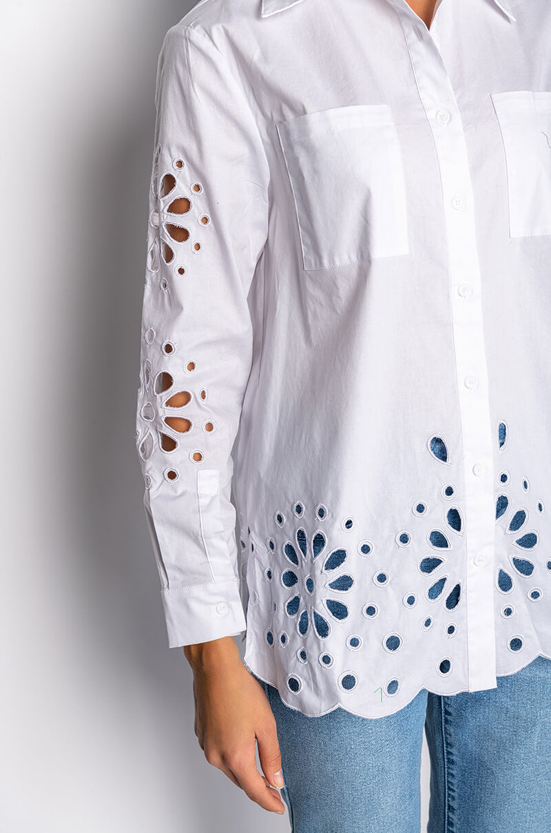 CHECK PLEASE EYELET POPLIN BLOUSE