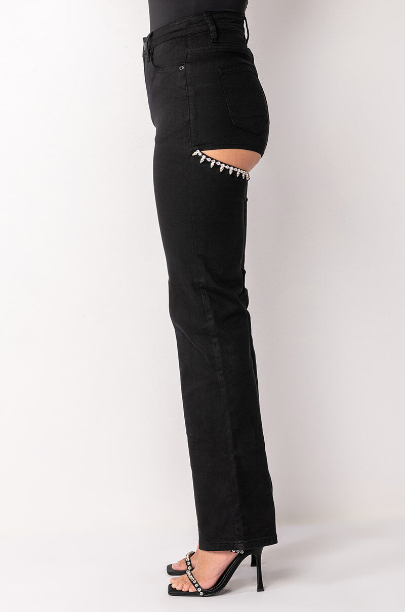 RAVENNA RHINESTONE PEEKABOOTY FLARED JEANS