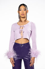 CHER TIE FRONT FEATHER CUFF LONG SLEEVE TOP