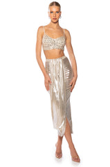 CHIARA METALLIC DRAPED MIDI SKIRT