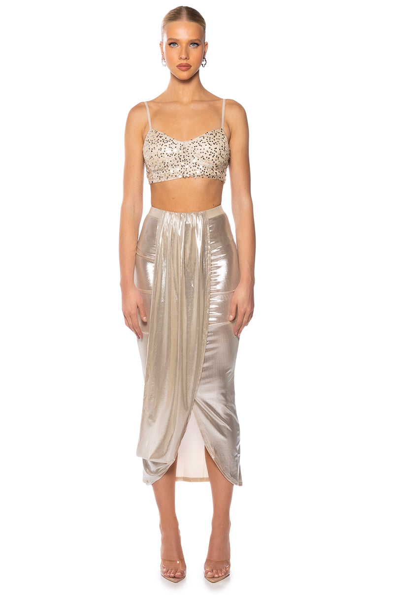 CHIARA METALLIC DRAPED MIDI SKIRT