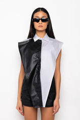 IVANA FAUX LEATHER PANEL BUTTON DOWN SLEEVELESS BLOUSE