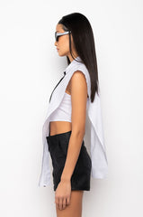 IVANA FAUX LEATHER PANEL BUTTON DOWN SLEEVELESS BLOUSE