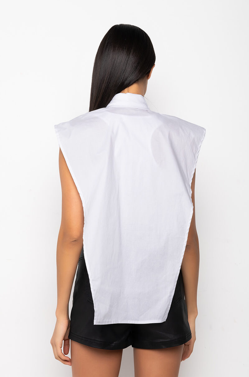 IVANA FAUX LEATHER PANEL BUTTON DOWN SLEEVELESS BLOUSE