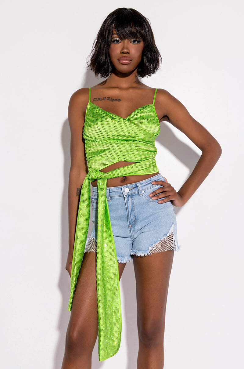 CIAO BELLA RHINESTONE MESH HIGH RISE DENIM SHORT