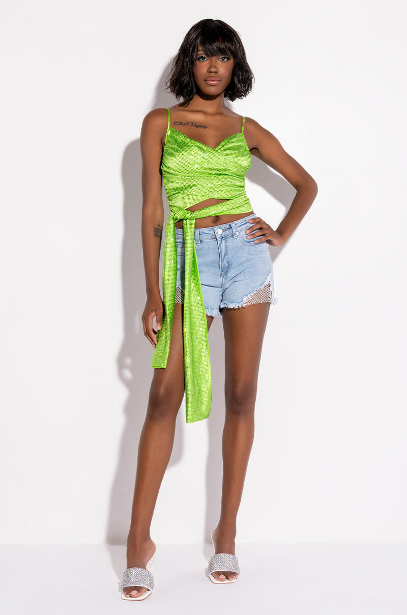 CIAO BELLA RHINESTONE MESH HIGH RISE DENIM SHORT