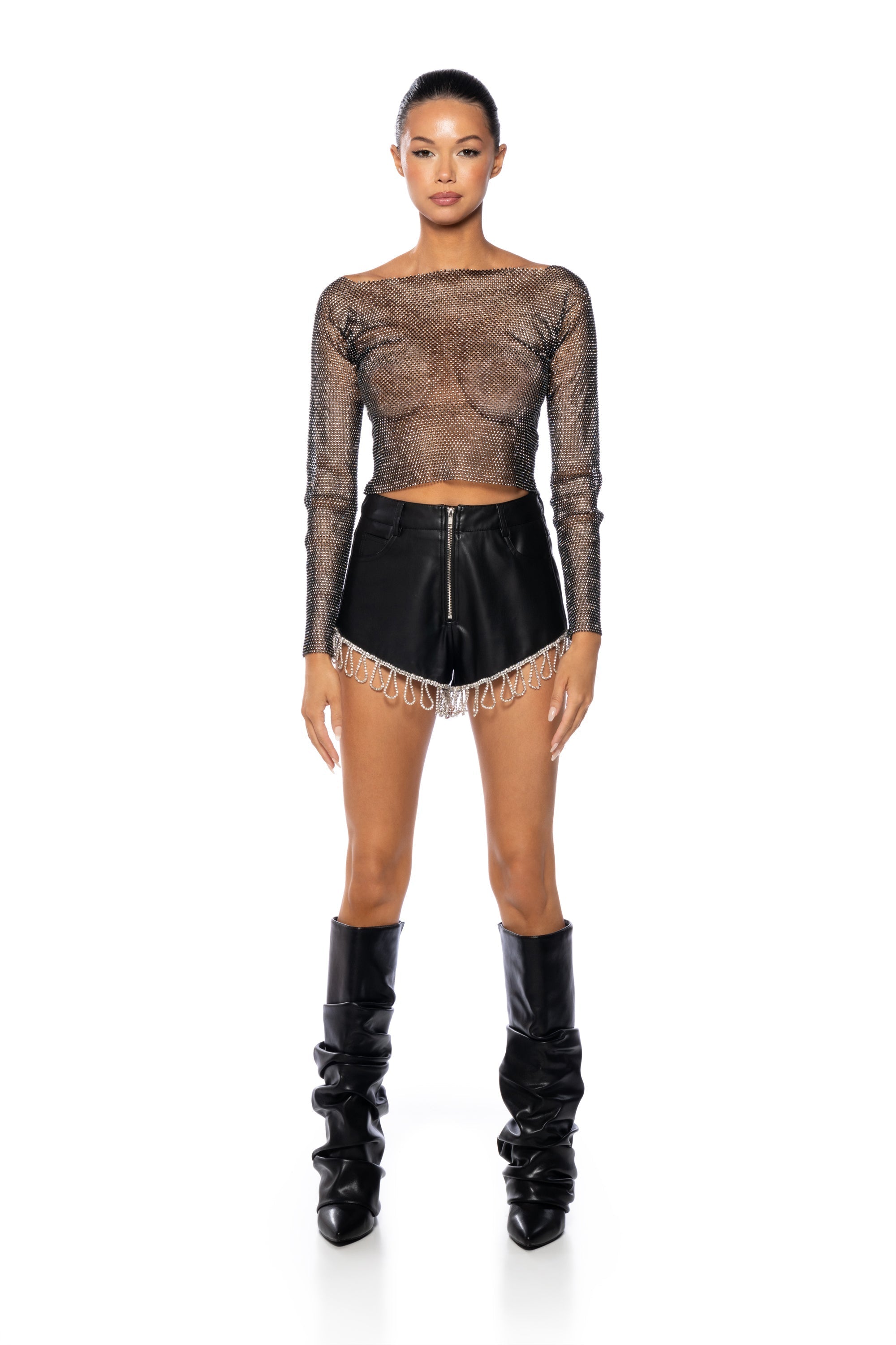 CLUB VIBE RHINESTONE FAUX LEATHER SHORTS