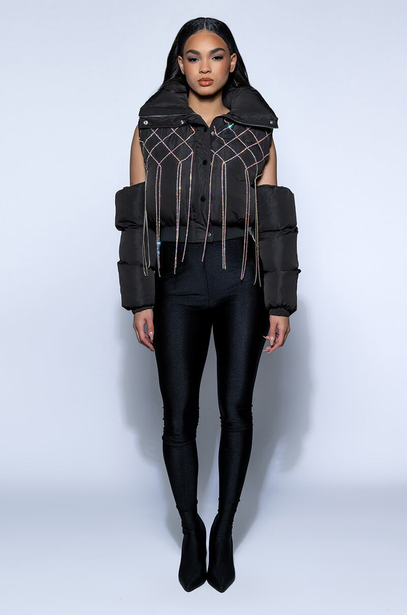 COLD SHOULDER PUFFER WITH RHINESTONES