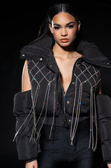 COLD SHOULDER PUFFER WITH RHINESTONES