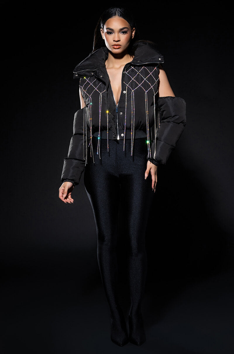 COLD SHOULDER PUFFER WITH RHINESTONES