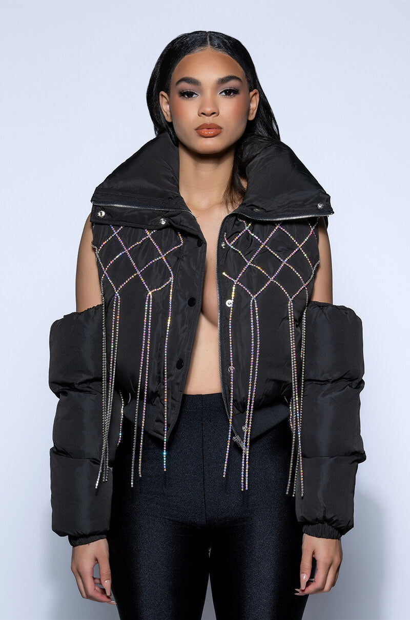 COLD SHOULDER PUFFER WITH RHINESTONES