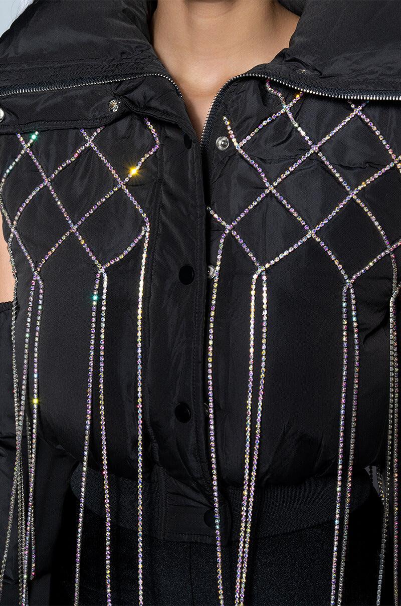 COLD SHOULDER PUFFER WITH RHINESTONES