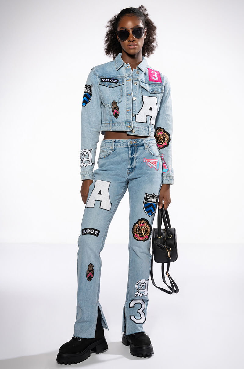 COLLEGIATE OUT OF YOUR LEAGUE PATCHED DENIM JACKET