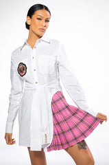 COLLEGIATE PRIVATE SCHOOL LAYERED POPLIN BUTTON DOWN MINI DRESS
