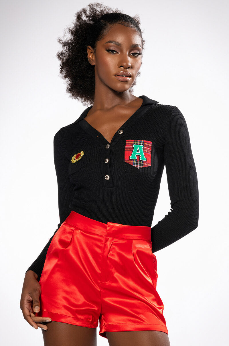 COLLEGIATE STUDY HALL LONG SLEEVE BUTTON DOWN BODYSUIT