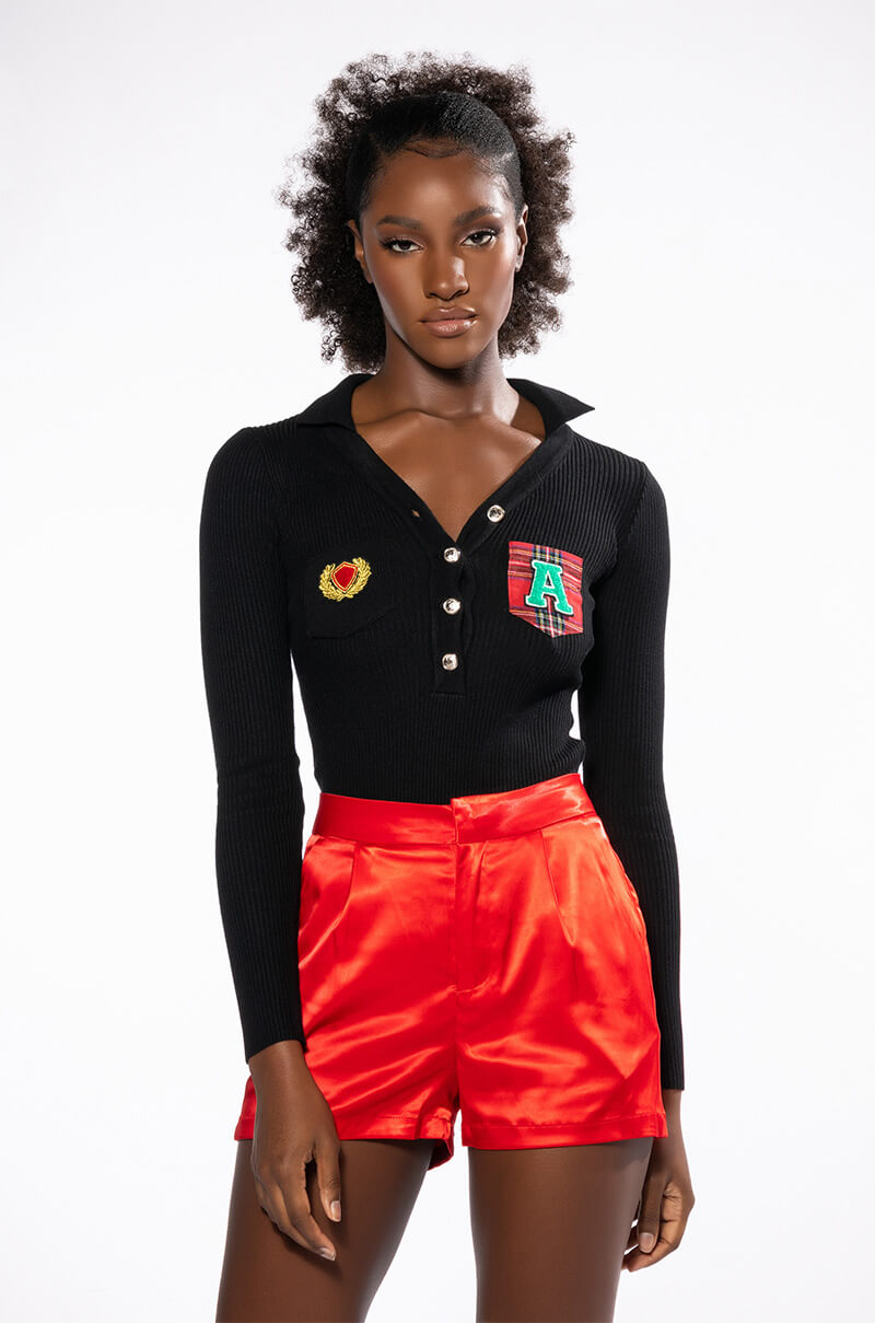 COLLEGIATE STUDY HALL LONG SLEEVE BUTTON DOWN BODYSUIT