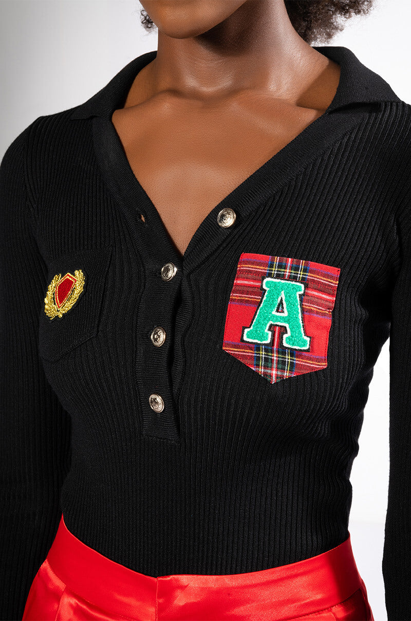 COLLEGIATE STUDY HALL LONG SLEEVE BUTTON DOWN BODYSUIT