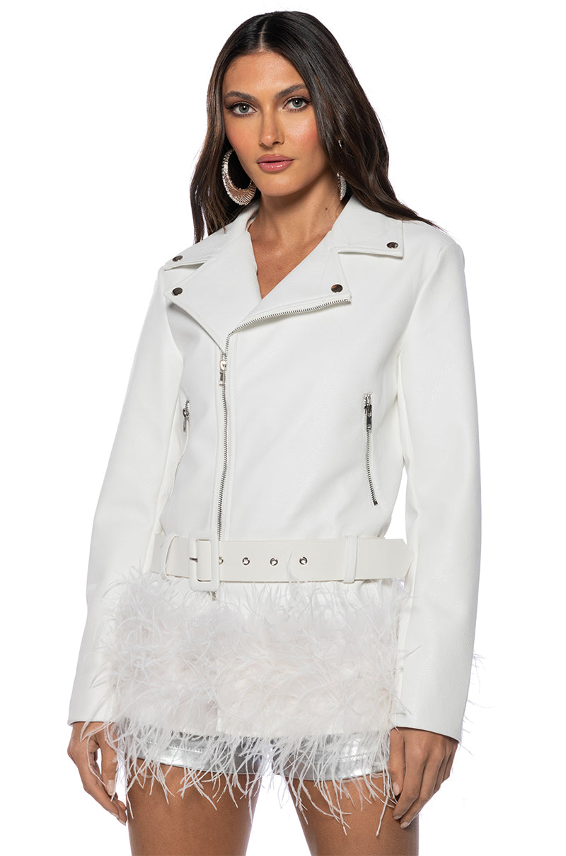 COZY CORNER OVERSIZED MOTO WITH FEATHER TRIM