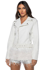 COZY CORNER OVERSIZED MOTO WITH FEATHER TRIM