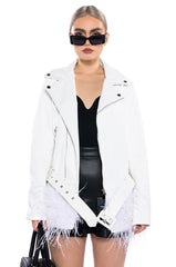 COZY CORNER OVERSIZED MOTO WITH FEATHER TRIM