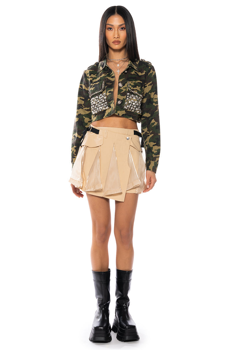 CROP CAMO BOMBER JACKET WITH STUDS