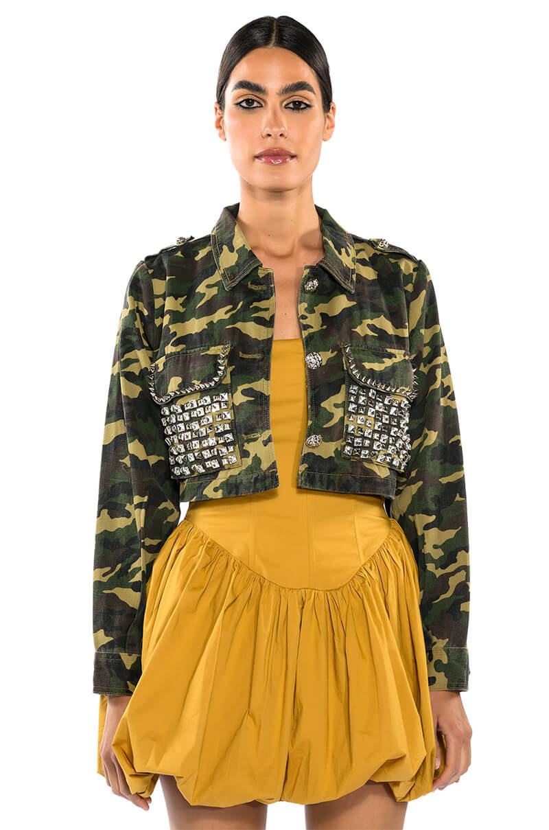 CROP CAMO BOMBER JACKET WITH STUDS