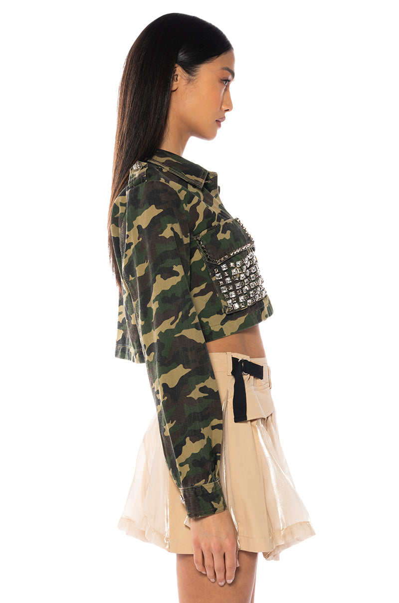 CROP CAMO BOMBER JACKET WITH STUDS