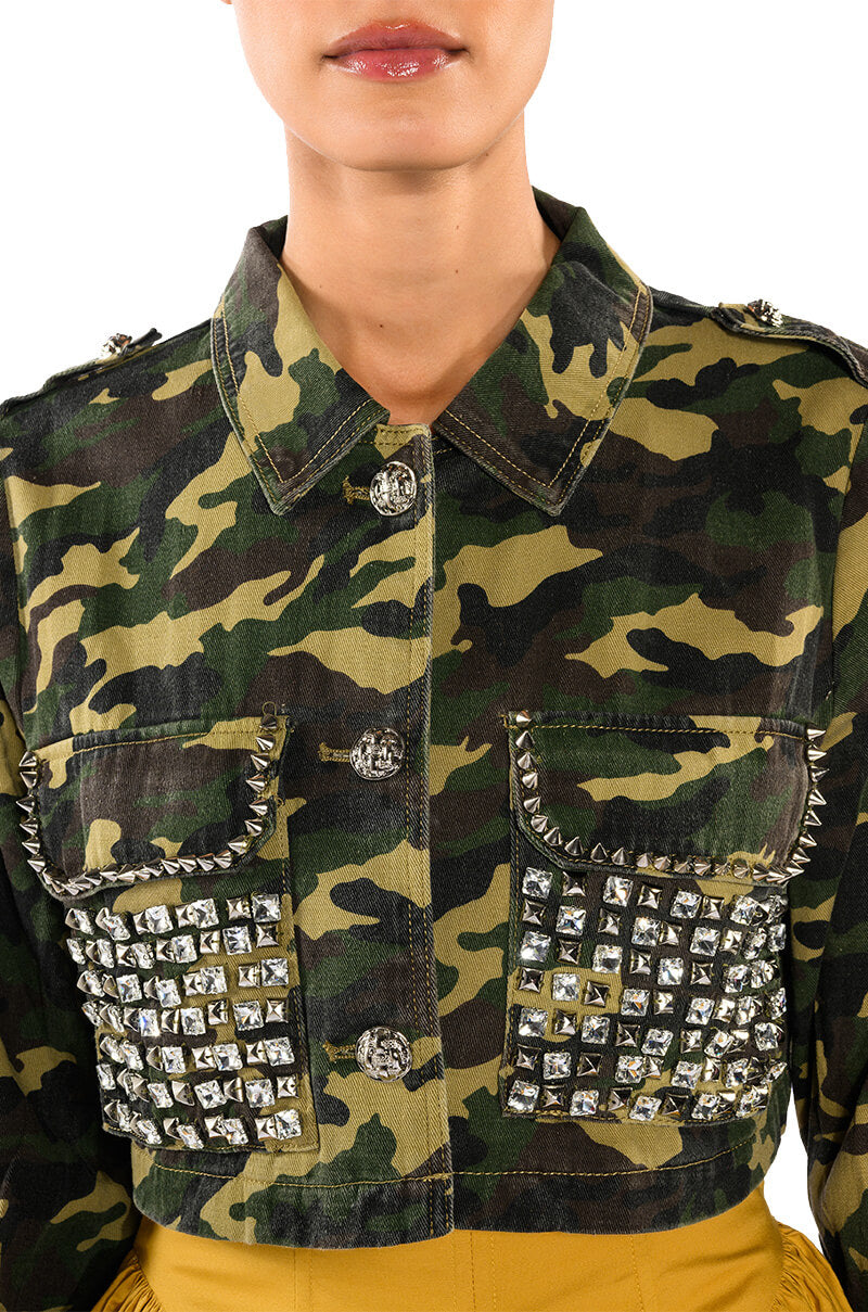 CROP CAMO BOMBER JACKET WITH STUDS