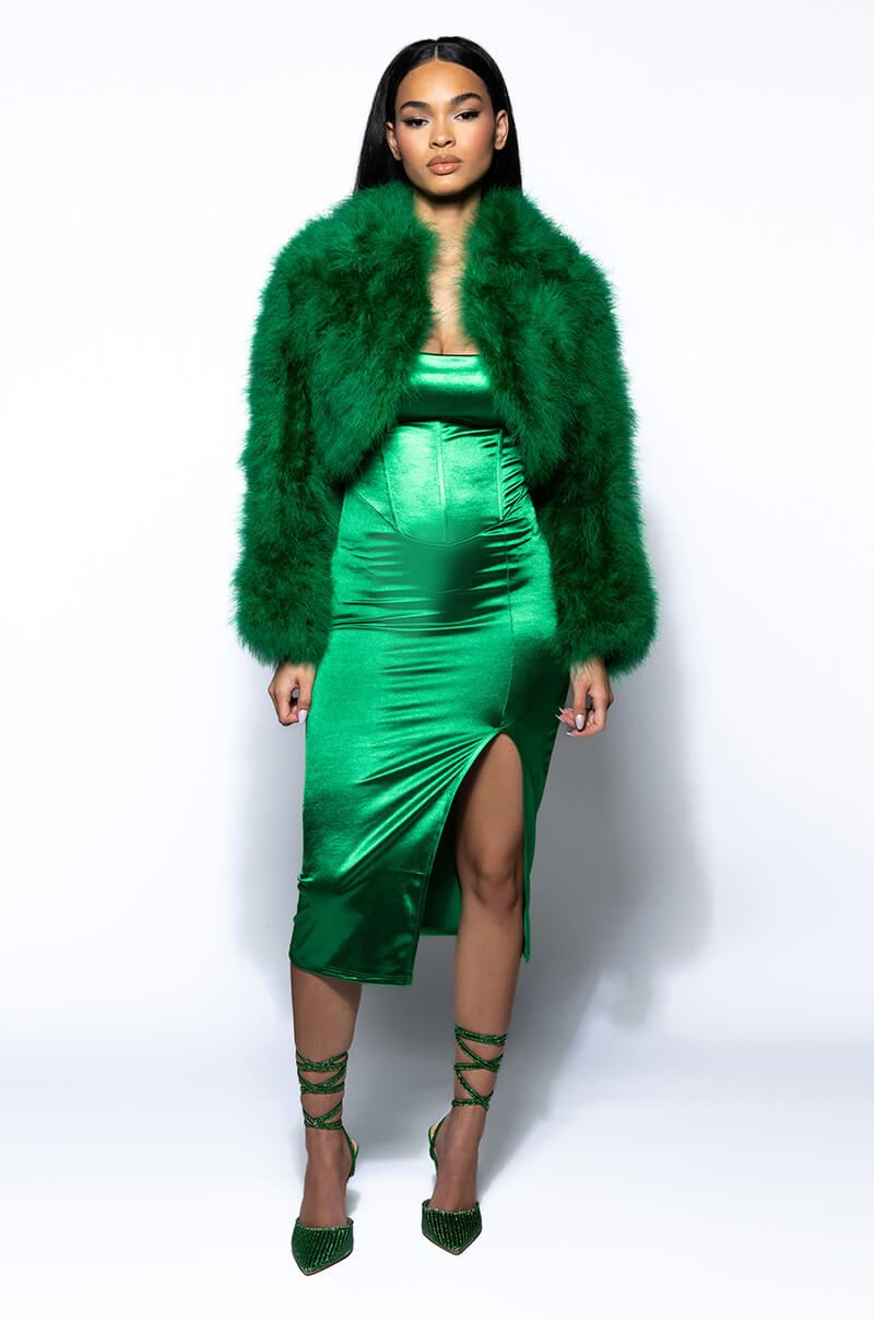 CROPPED FEATHER JACKET IN GREEN