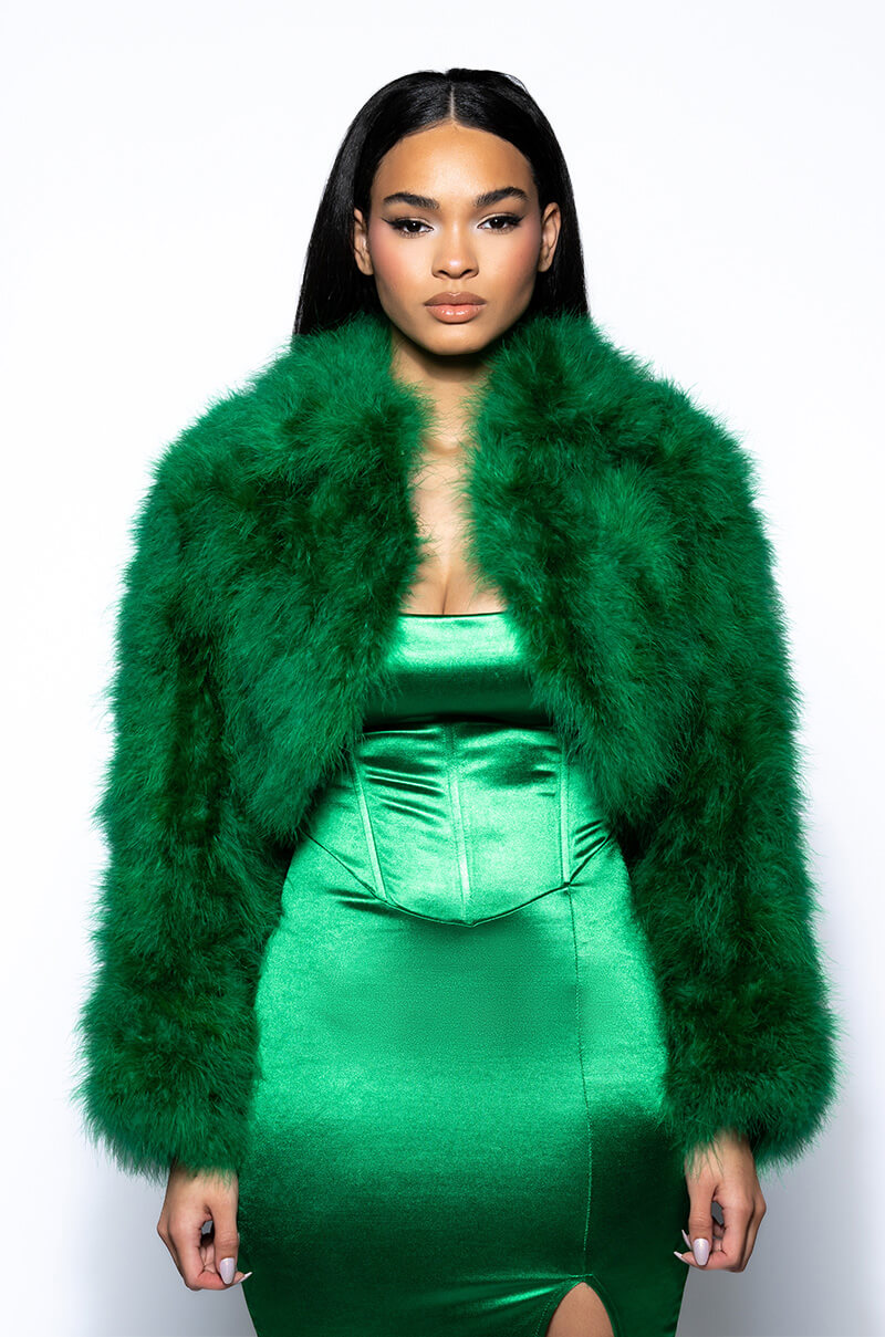 CROPPED FEATHER JACKET IN GREEN