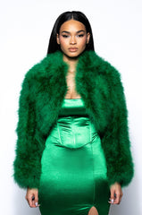 CROPPED FEATHER JACKET IN GREEN