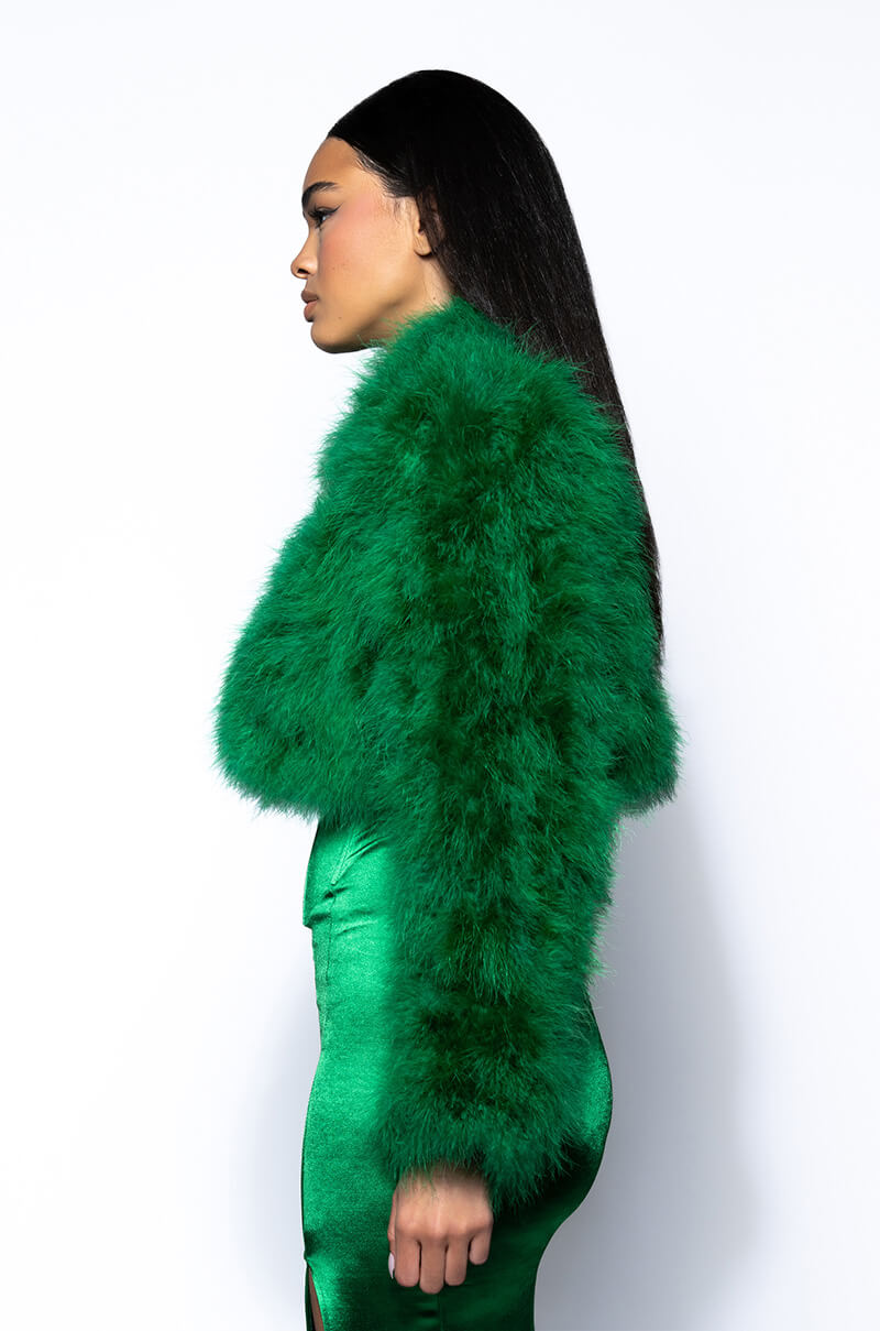 CROPPED FEATHER JACKET IN GREEN