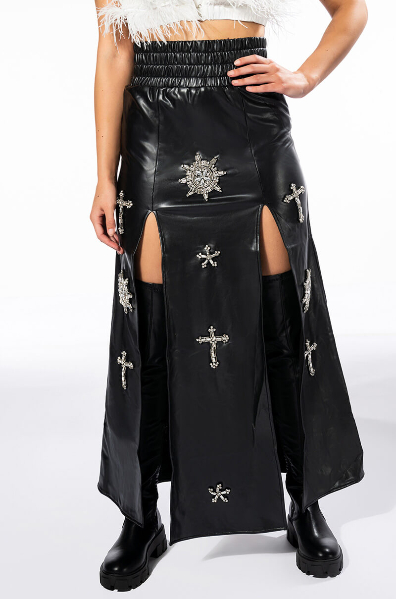 CROSSING MY PATH MAXI FAUX LEATHER SKIRT