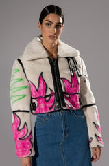 CRUSHING IT GRAFITI CROPPED SHERPA JACKET
