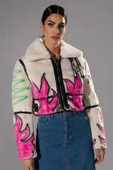 CRUSHING IT GRAFITI CROPPED SHERPA JACKET