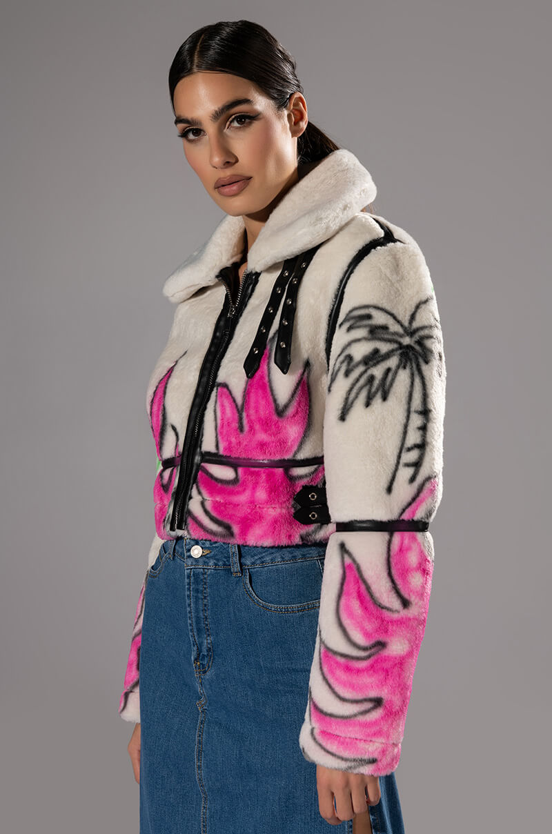CRUSHING IT GRAFITI CROPPED SHERPA JACKET