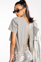 CURTAIN CALL OPEN BACK RHINESTONE CREW NECK TSHIRT