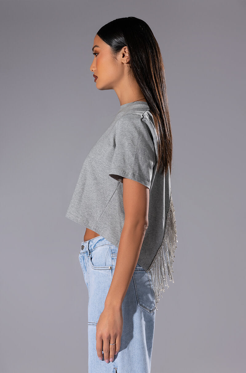 CURTAIN CALL OPEN BACK RHINESTONE CREW NECK TSHIRT