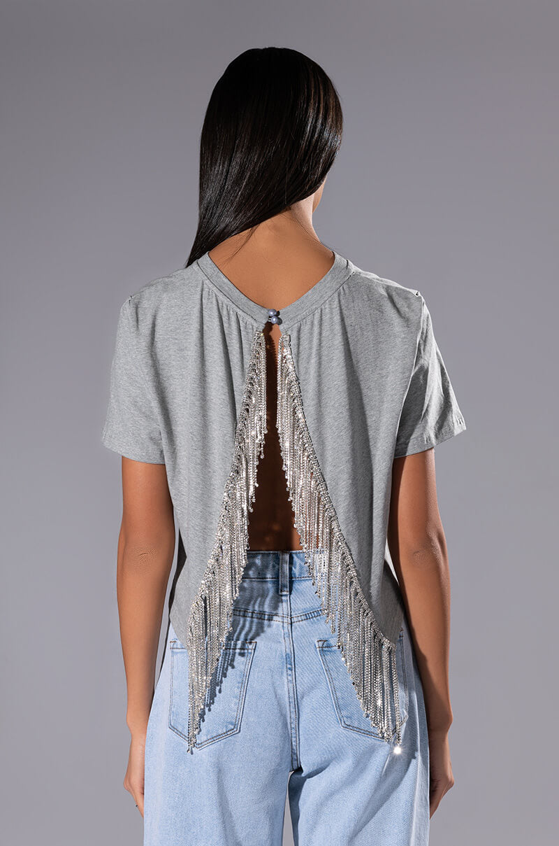 CURTAIN CALL OPEN BACK RHINESTONE CREW NECK TSHIRT